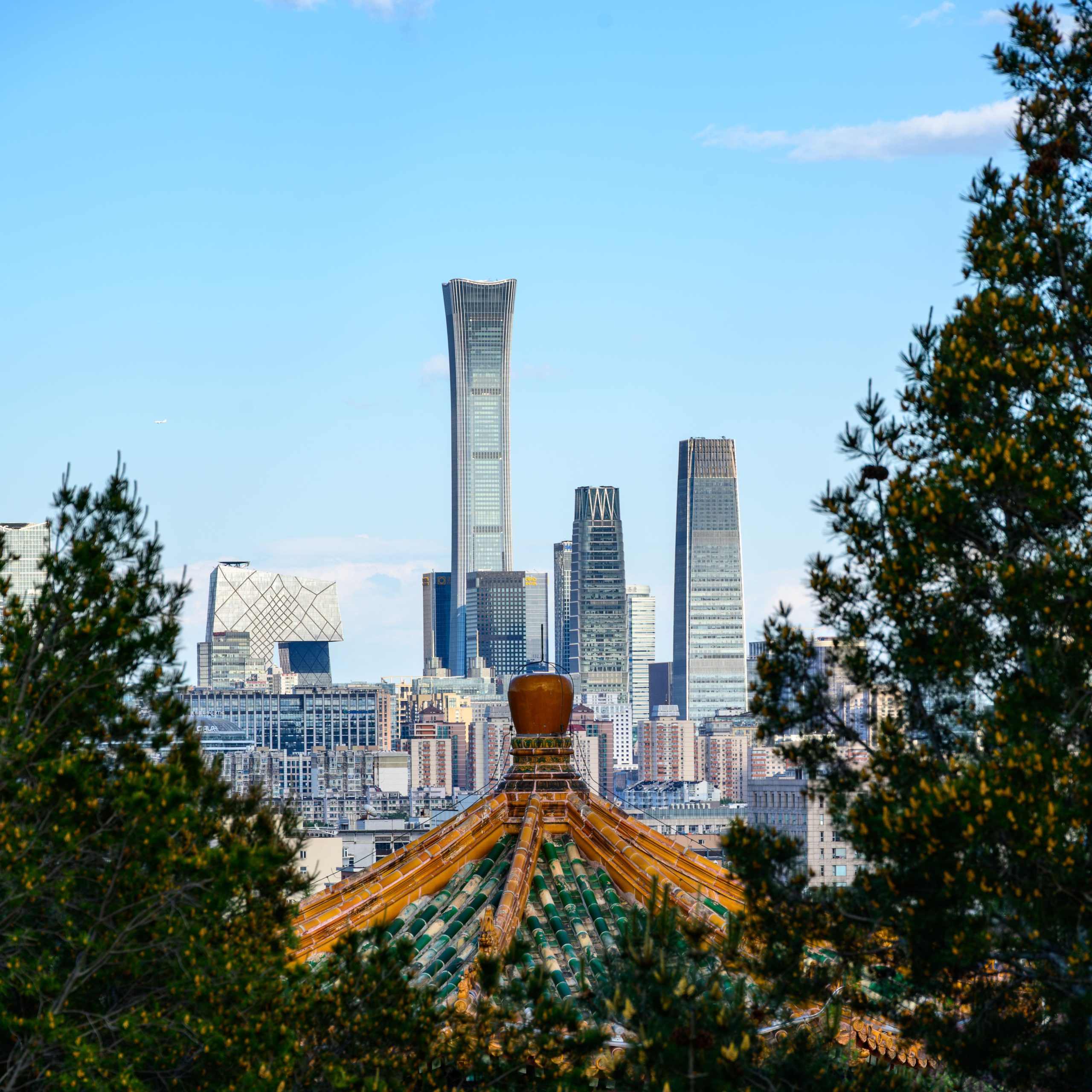 Stunning cityscape of Beijing with modern skyscrapers and traditional architecture.